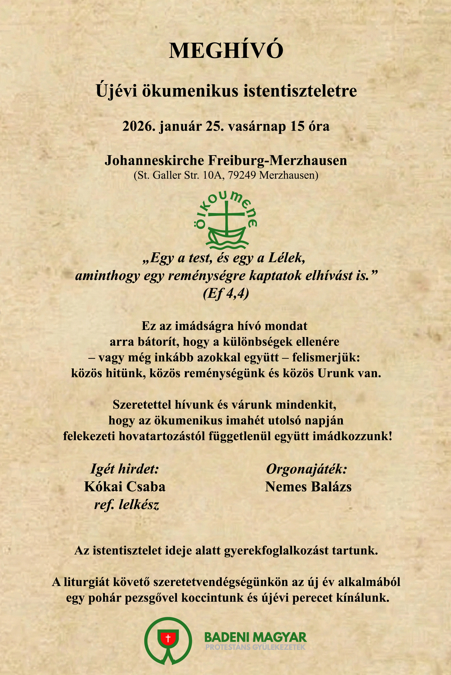 Újévi ökumenikus istentisztelet meghívó