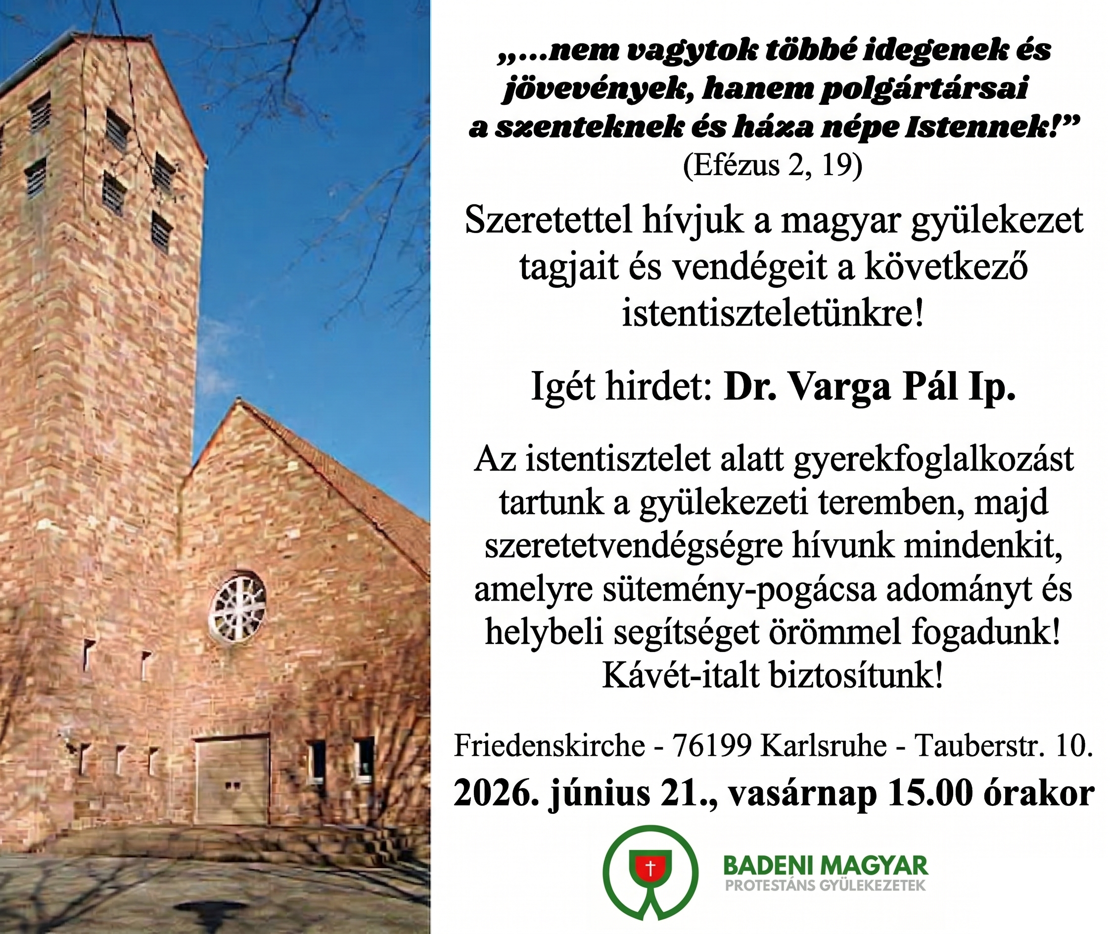 Magyar nyelvű istentisztelet meghívó