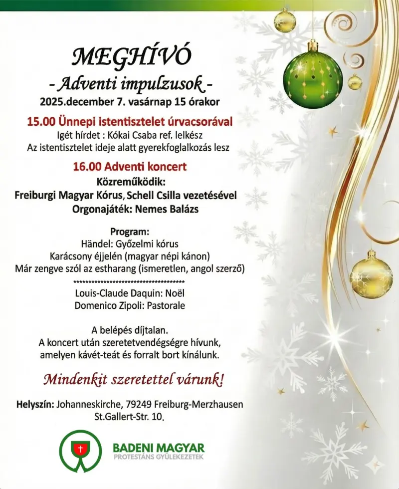 Ünnepi istentisztelet és adventi koncert meghívó
